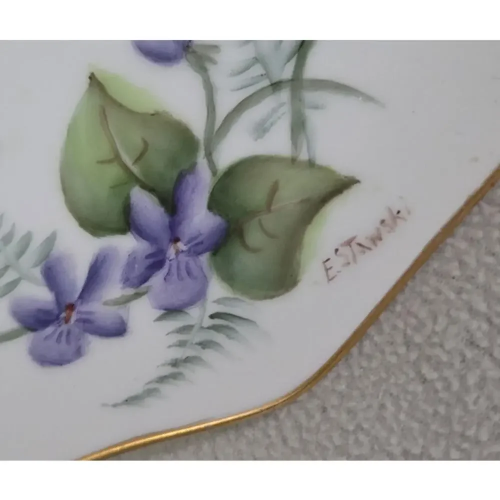 Antique E. Stawski Hand Painted Floral Serving Dish Finger Loop Handle Purple